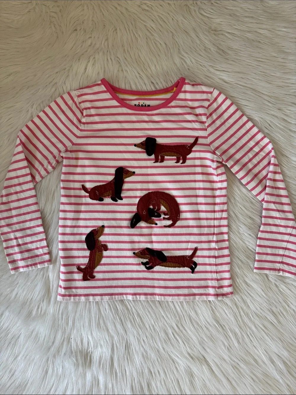 Mini Boden Girls' Pink Stripe Dachshund Applique Long-Sleeve Top Size 9-10Y